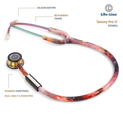 LIFE LINE 'GALAXY PRO II' Stethoscope (Rainbow Finish) | Dual Side Diaphragm Chest Piece for Adult and Pediatric | Suitable for Doctors and Students