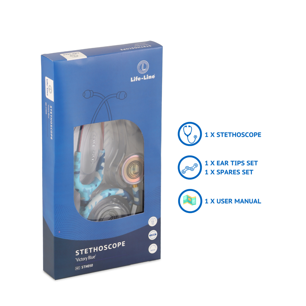 LIFE LINE 'VICTORY BLUE' Stethoscope (Blue Camo with Rainbow Finish) | Single Diaphragm Chest Piece for Adults | Suitable for Doctors and Students