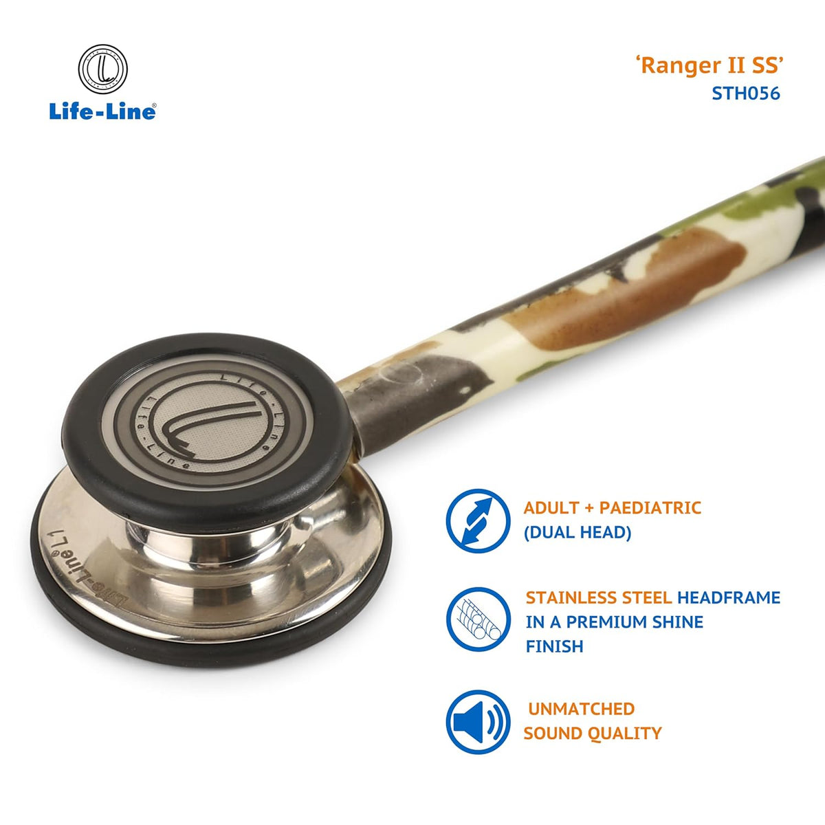 LIFE LINE 'RANGER II SS' Stethoscope (Green Camo and Stainless Steel) | Dual Side Diaphragm Chest Piece for Adult and Pediatric | Suitable for Doctors and Students