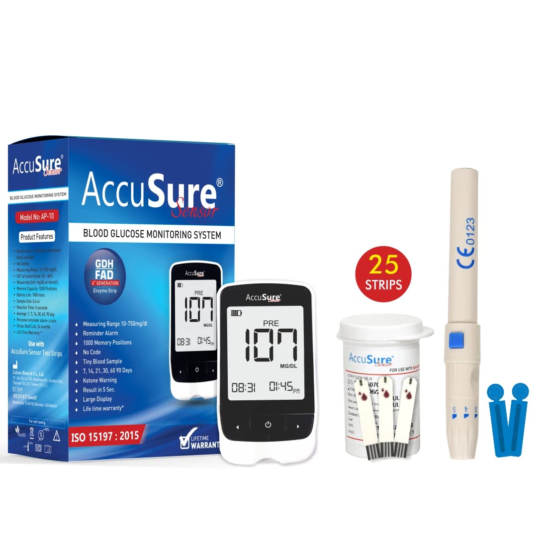 AccuSure Sensor Glucometer Machine with 25 Test Strips & 10 Lancets