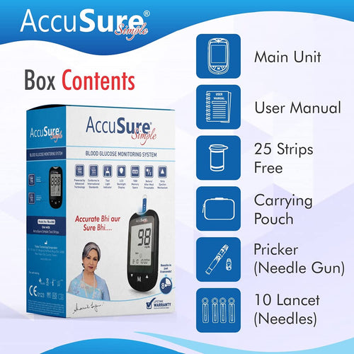 AccuSure Simple Glucometer Kit |with 25 Strips,10 Lancet,1 Lancing device for Accurate Blood Glucose Sugar Testing Machine