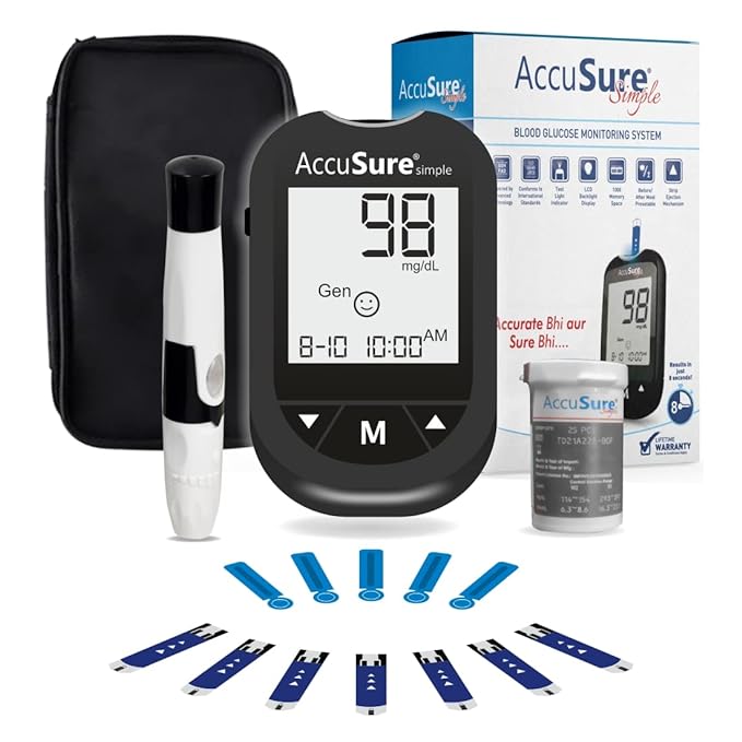 AccuSure Simple Glucometer Kit |with 25 Strips,10 Lancet,1 Lancing device for Accurate Blood Glucose Sugar Testing Machine