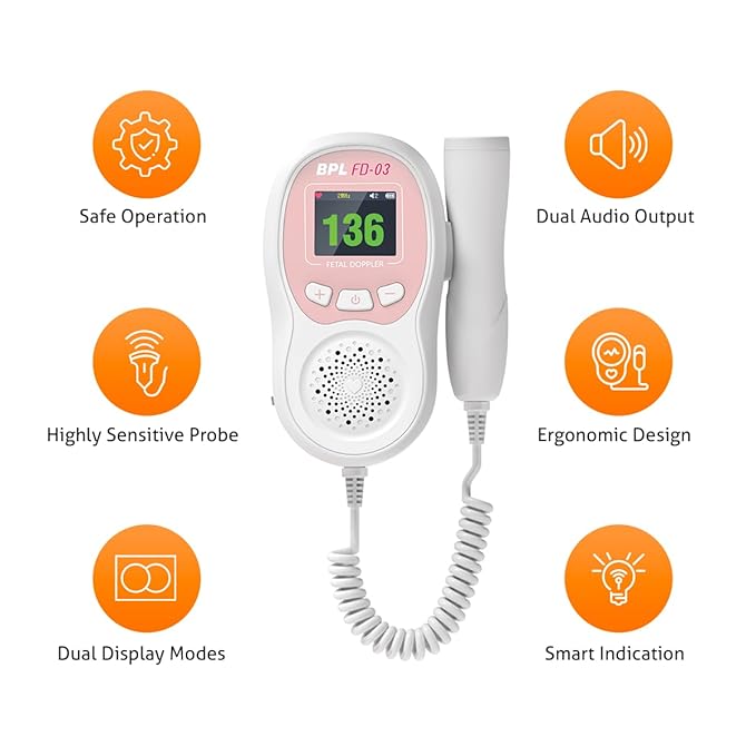 BPL Medical Technologies FD-03 Fetal Doppler Smart Noise Reduction & Heartbeat Detection Machine with in-Built Speaker for Home and Clinic Use - Pink & White