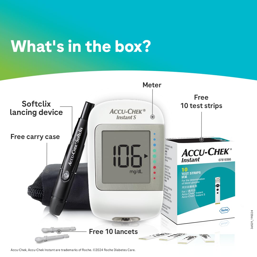 Accu-Chek Instant S Blood Glucose Glucometer Kit with Vial of 10 Strips, 10 Lancets and a Lancing device