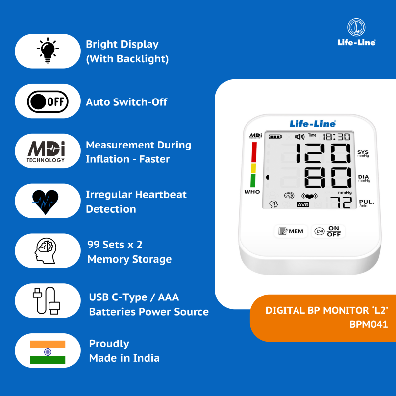 Life-Line L-2 Digital Fully Automatic Blood Pressure Monitor with MDI Technology (Large Display, Backlight & C-Type Port)