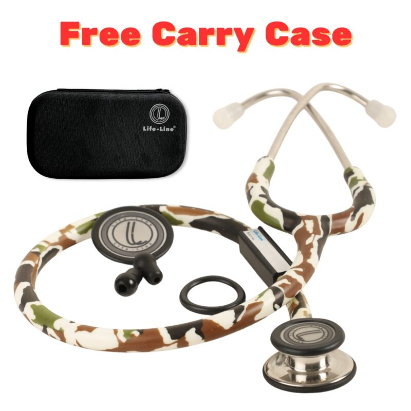LIFE LINE 'RANGER II SS' Stethoscope (Green Camo and Stainless Steel) | Dual Side Diaphragm Chest Piece for Adult and Pediatric | Suitable for Doctors and Students