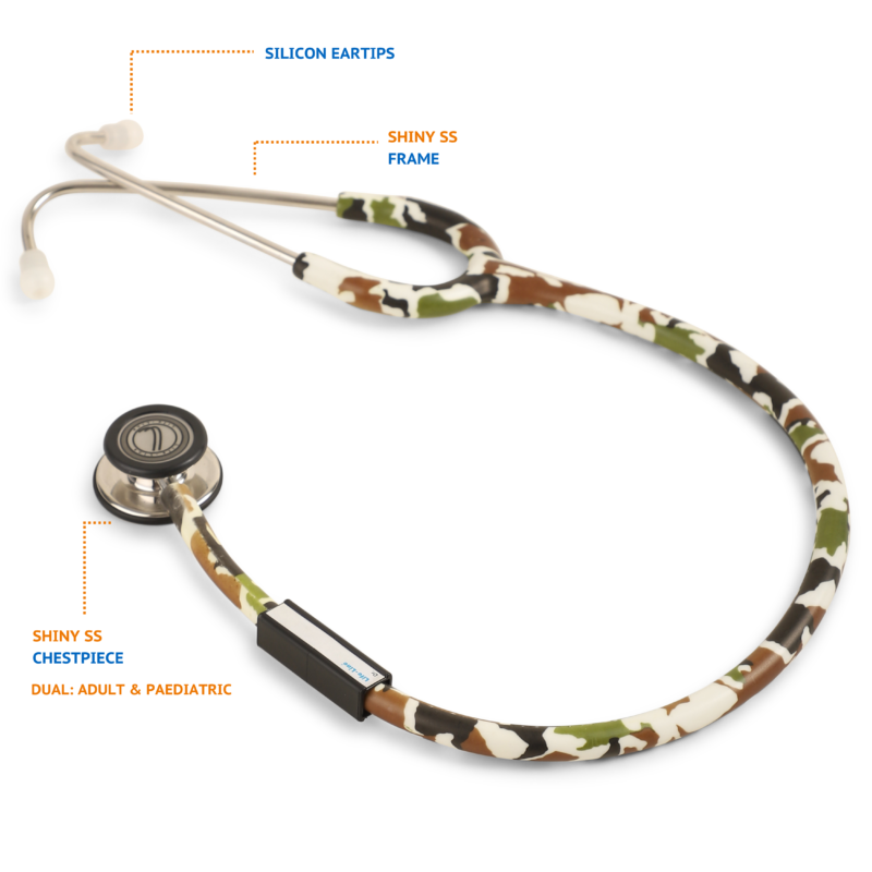 LIFE LINE 'RANGER II SS' Stethoscope (Green Camo and Stainless Steel) | Dual Side Diaphragm Chest Piece for Adult and Pediatric | Suitable for Doctors and Students