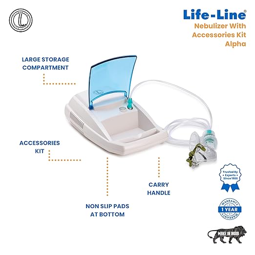 LIFE LINE ALPHA Compressor Nebulizer with Complete Mask Kit for Kids and Adults | Nebuliser with Storage Compartment | Low-noise Nebulizing Machine with 2 Masks & 5 Filters