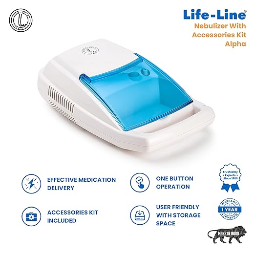 LIFE LINE ALPHA Compressor Nebulizer with Complete Mask Kit for Kids and Adults | Nebuliser with Storage Compartment | Low-noise Nebulizing Machine with 2 Masks & 5 Filters