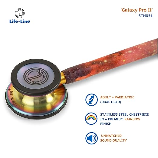 LIFE LINE 'GALAXY PRO II' Stethoscope (Rainbow Finish) | Dual Side Diaphragm Chest Piece for Adult and Pediatric | Suitable for Doctors and Students